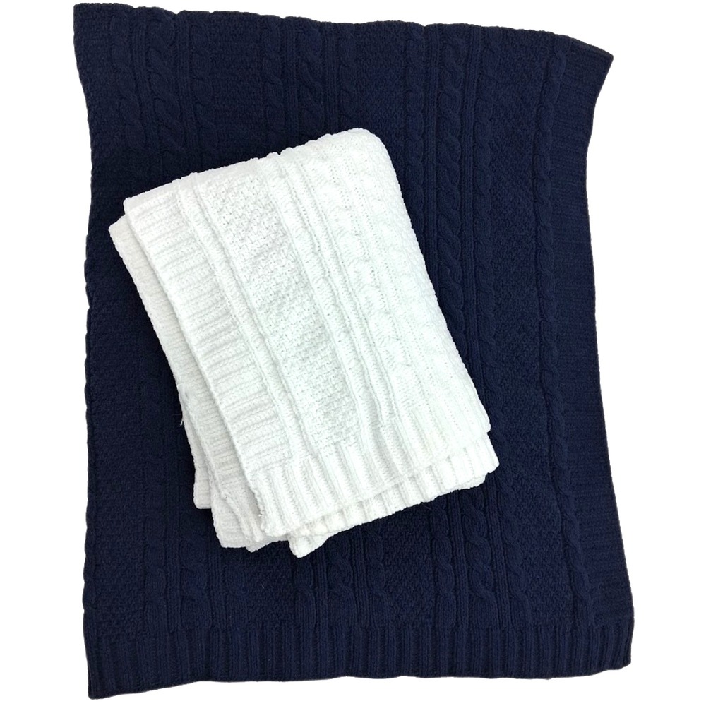 Nordstrom Solid Navy Blue & White Baby Blanket Lot Cable Knit 2pc‎ Unisex EUC